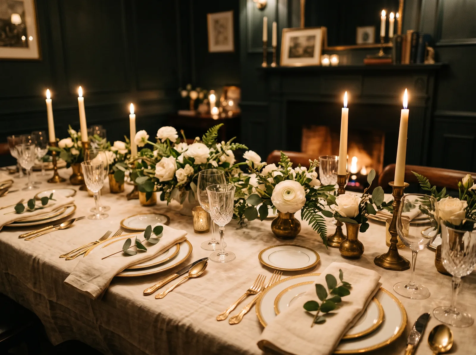 A candlelit dinner table set for a gathering