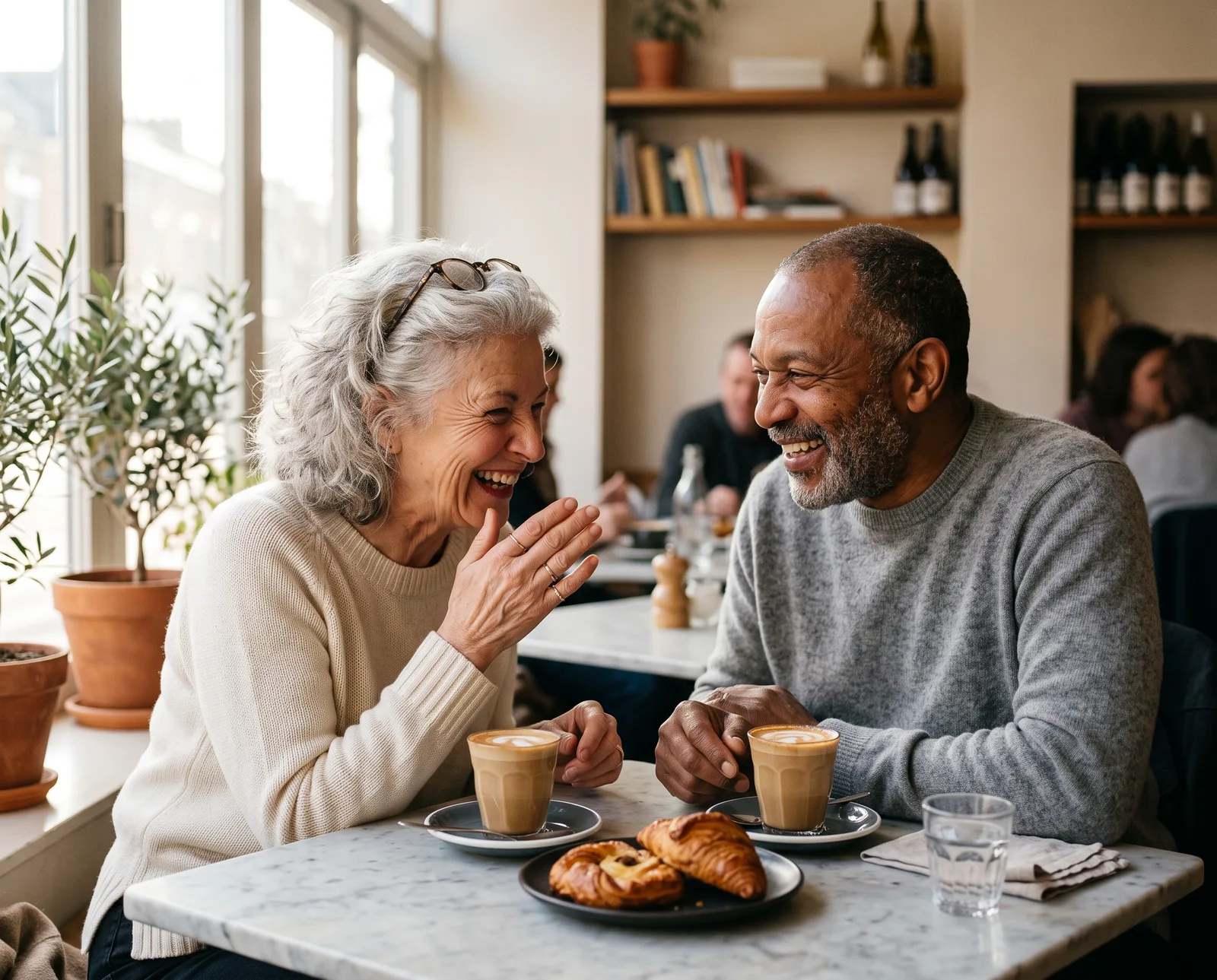 Two friends sharing a laugh over coffee