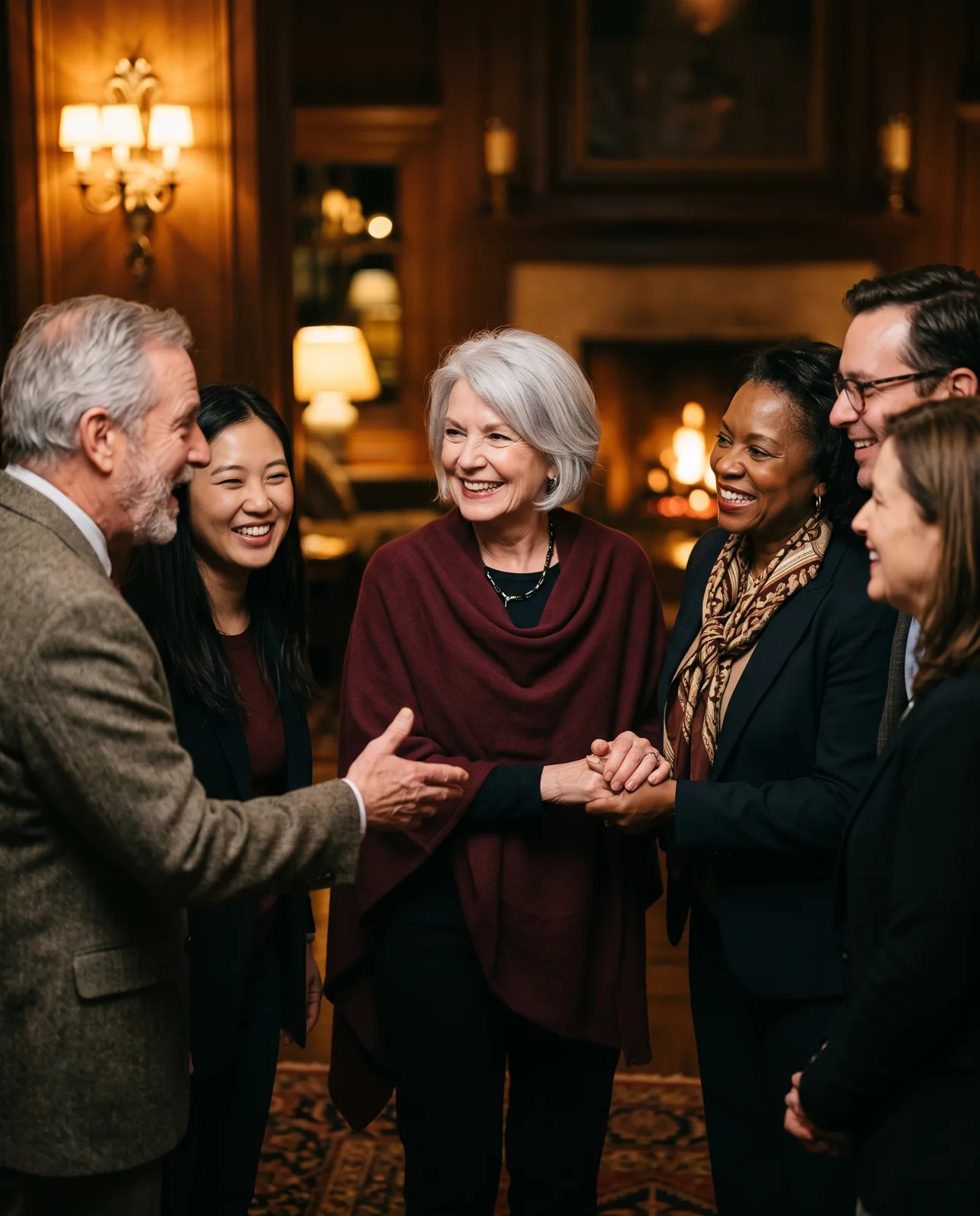 A newcomer welcomed into a warm circle of members at an evening gathering